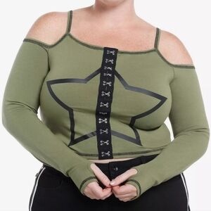 Social Collision Black Star Green Girls Cold-Shoulder Top NWT
